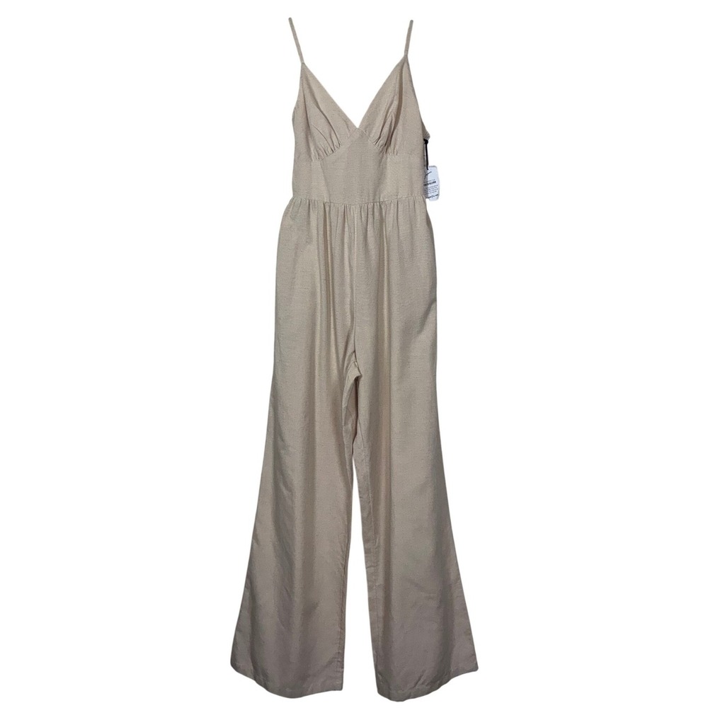 NWT Japna Linen Blend Wide Leg Jumpsuit M Beige Cutout Tie Back Neutral Beach